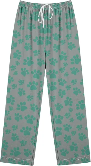 Pajamas Pants for Women's Funny Dog Paw Print High Waist Wide Leg Sweatpant Pj's Trouser with Pockets & Drawstring