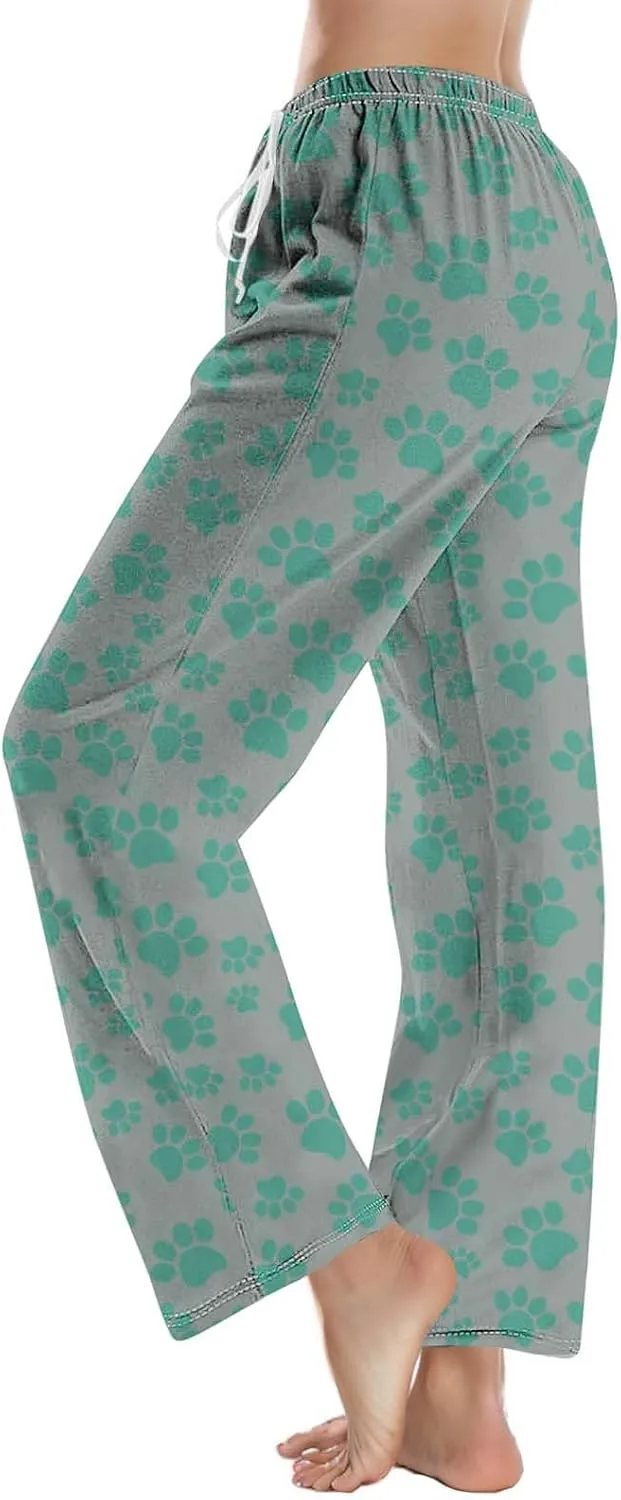 Pajamas Pants for Women's Funny Dog Paw Print High Waist Wide Leg Sweatpant Pj's Trouser with Pockets & Drawstring