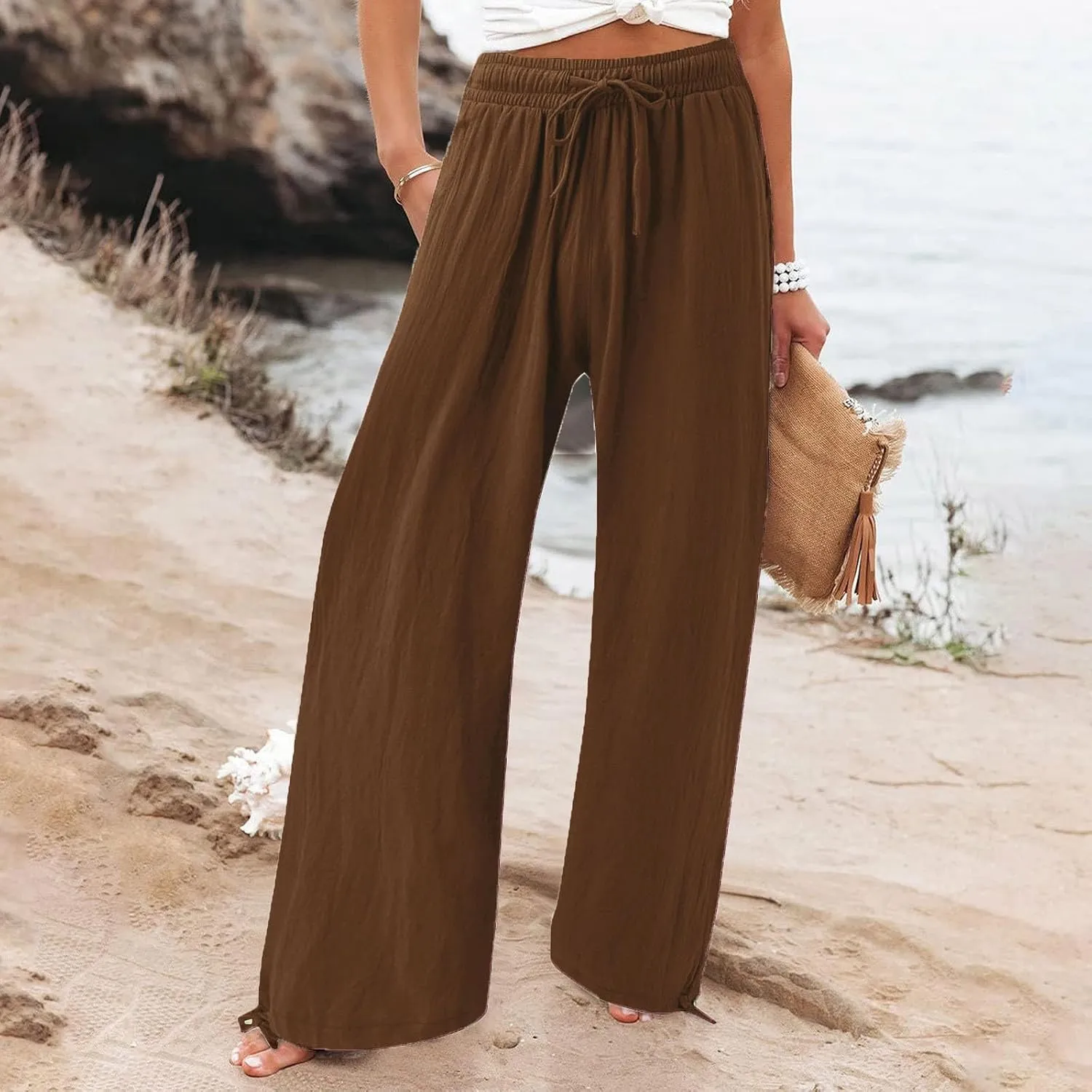 Palazzo Pants for Women Drawstring High Waist Summer Casual Boho Pants Straight Wide Leg Plus Size Loose Fit Trousers