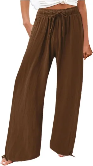 Palazzo Pants for Women Drawstring High Waist Summer Casual Boho Pants Straight Wide Leg Plus Size Loose Fit Trousers