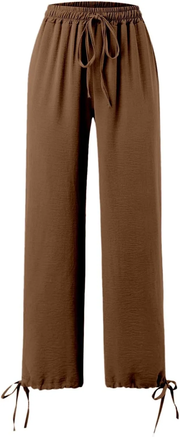 Palazzo Pants for Women Drawstring High Waist Summer Casual Boho Pants Straight Wide Leg Plus Size Loose Fit Trousers