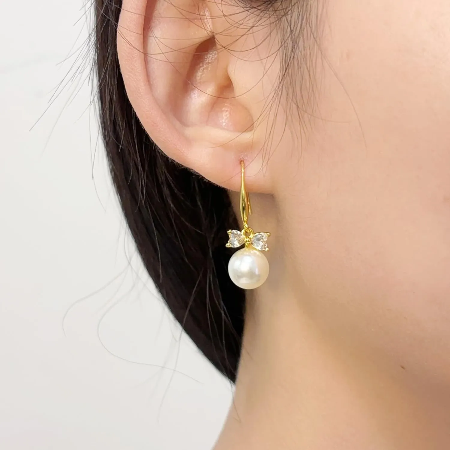Pearl Bow Drop Earrings for Women Rhinestone Bow Earrings Dainty Bow Pearl Dangle Earrings Cubic Zirconia Dangle Earrings Bride Wedding Prom Earrings Jewelry Gifts Hypoallergenic
