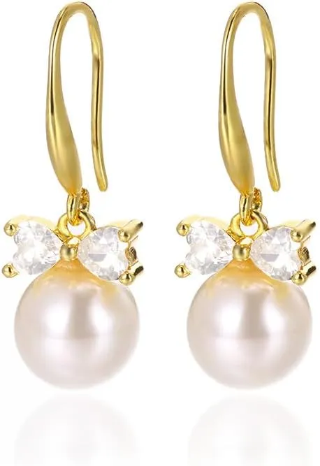 Pearl Bow Drop Earrings for Women Rhinestone Bow Earrings Dainty Bow Pearl Dangle Earrings Cubic Zirconia Dangle Earrings Bride Wedding Prom Earrings Jewelry Gifts Hypoallergenic