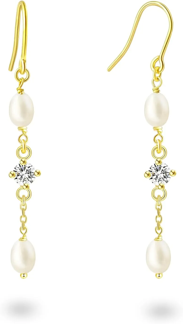 Pearl Earrings for Women, 14K Gold Plated Long Pearl Dangle Drop Earrings for Women Dangling Jewelry Gift Hypoallergenic Earrings for Women