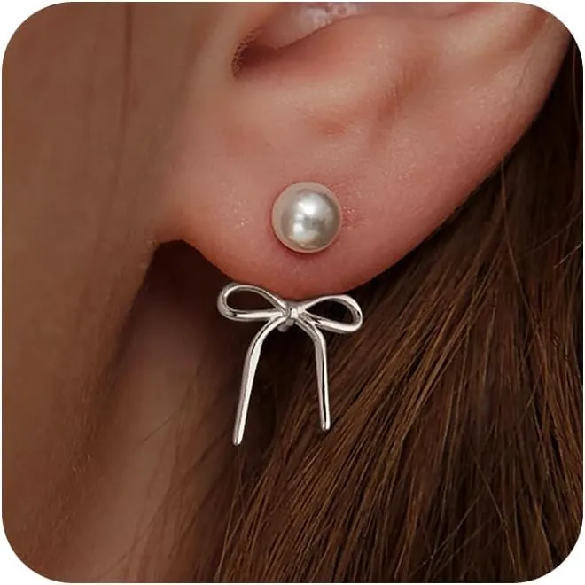 Pearl Earrings for Women Gold Hoop Earrings for Women Trendy 14K Gold Plated/Silver Bow Pearl Huggie Earring Hoops Twist Rope Bow Stud Pearl Dangle Cubic Zirconia Earrings Jewelry Gifts for Women