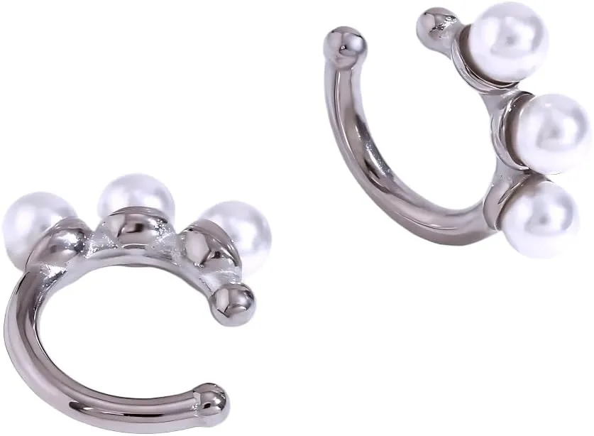 Pearl earrings for women Three pearl C-shaped Ear Clips Tarnish Free 18K Gold Plated Silver Color Earrings for Women Stainless Steel Ear Cuffs-T60