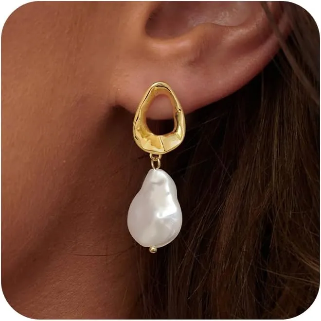 Pearl Earrings for Women, Trendy 14k Gold Pearl Dangle Drop Hoop Huggies Earrings Cubic Zirconia | Irregular | Knot Pearl Studs Hypoallergenic Lightweight Wedding Gold Earrings Jewelry Gift