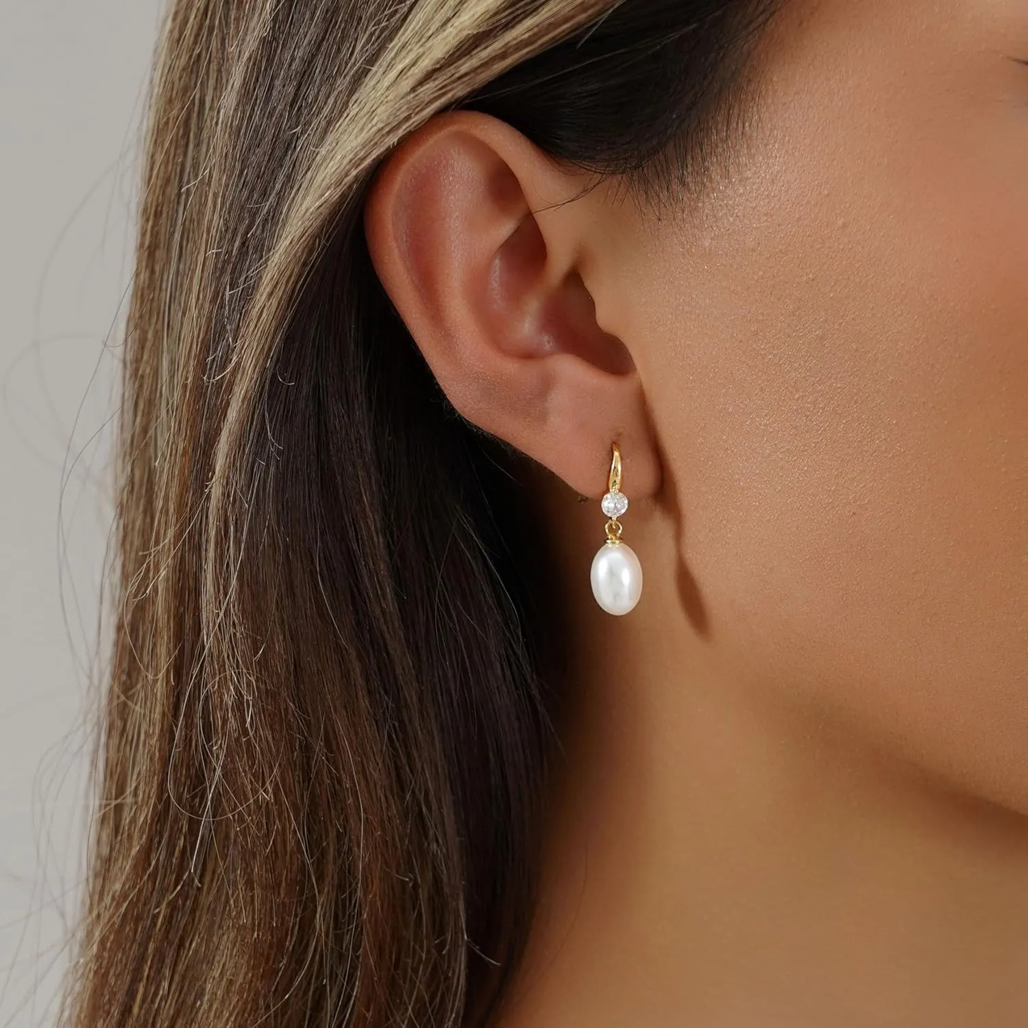 Pearl Earrings for Women Trendy - Gold Hoop Earrings 14K Gold Plated Dangle Drop Huggie Earrings Dainty Hypoallergenic Lightweight Cute Studs Wedding Jewelry Gifts