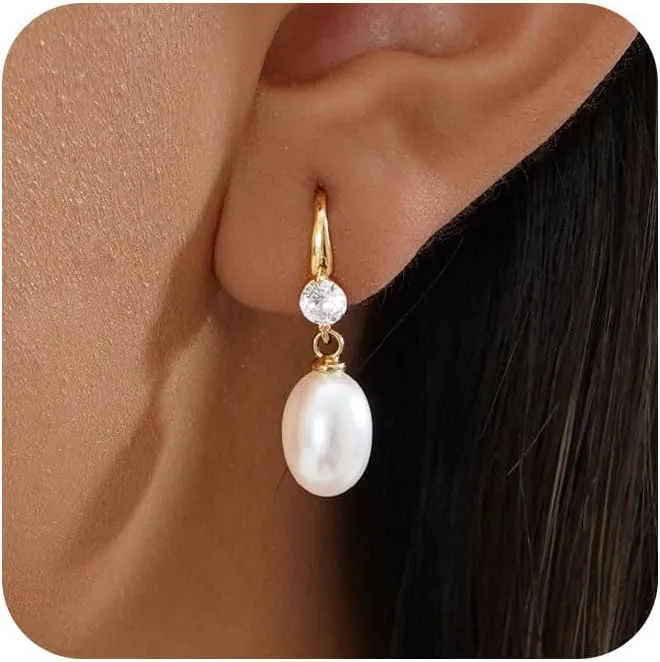 Pearl Earrings for Women Trendy - Gold Hoop Earrings 14K Gold Plated Dangle Drop Huggie Earrings Dainty Hypoallergenic Lightweight Cute Studs Wedding Jewelry Gifts