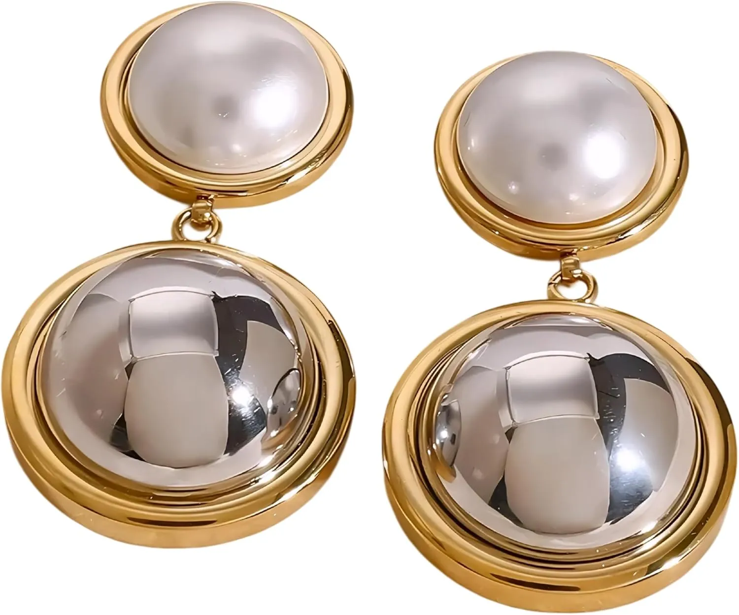 Pearl earrings for women Uworld Minimalist Pearl Two tone Round Earrings Steel Earrings Women's Jewelry Gift for Her-T18