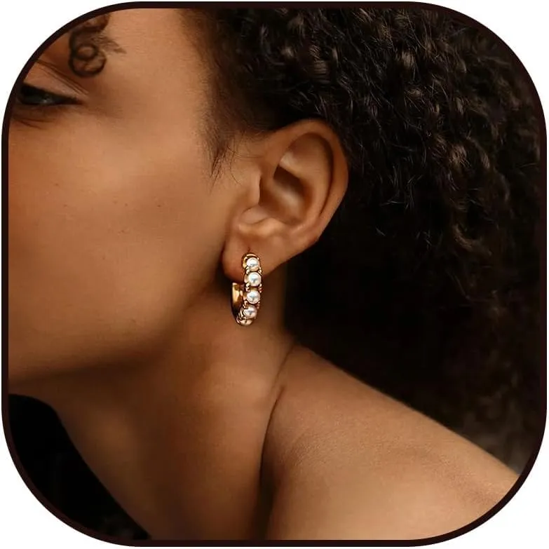 Pearl Hoop Earrings for Women Trendy 14K Gold Chunky Hoop Earrings Pearl Drop Earrings Dangle Huggie Hoop Earrings Pearl Jewelry Gifts for Her