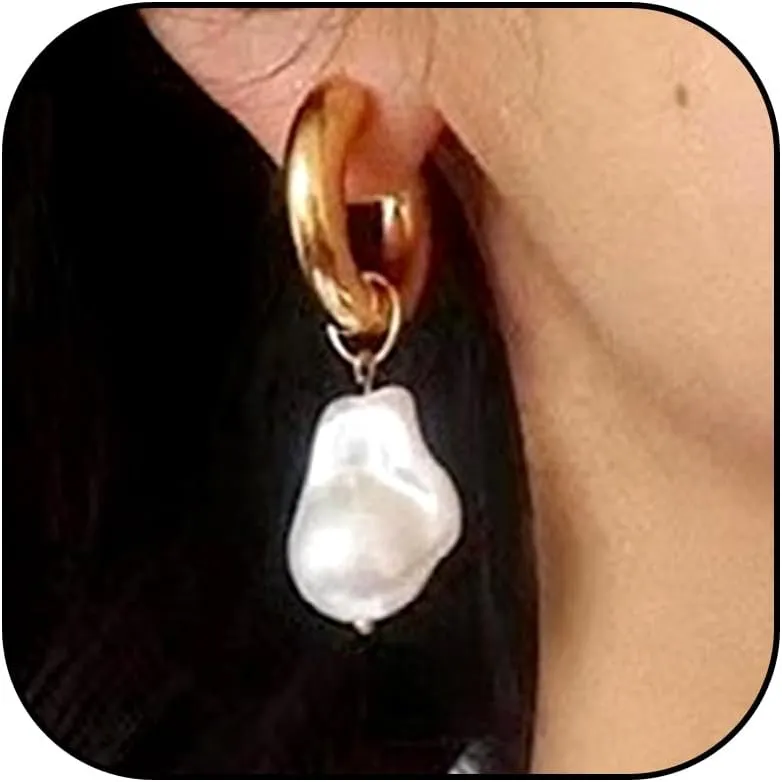Pearl Hoop Earrings for Women Trendy 14K Gold Chunky Hoop Earrings Pearl Drop Earrings Dangle Huggie Hoop Earrings Pearl Jewelry Gifts for Her