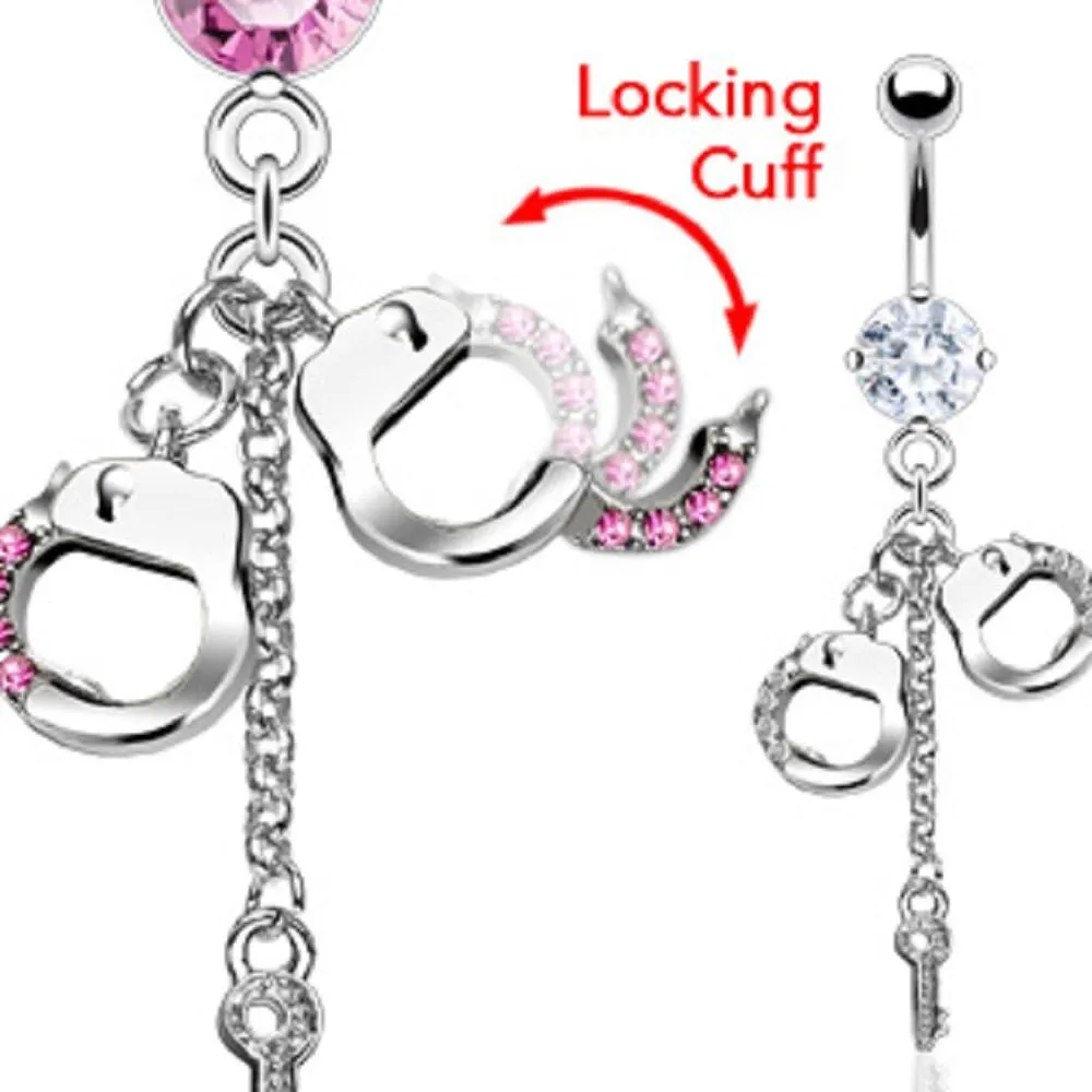 Pierced Owl - 14GA 316L Stainless Steel CZ Crystal Dangling Handcuffs Belly Button Ring