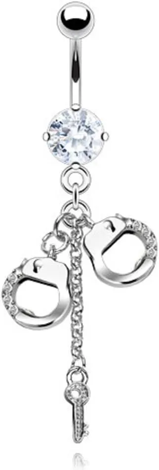 Pierced Owl - 14GA 316L Stainless Steel CZ Crystal Dangling Handcuffs Belly Button Ring