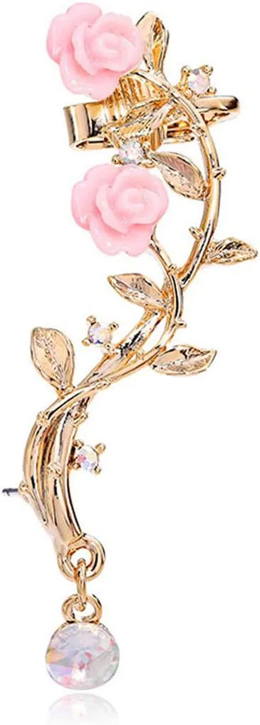 Pink Rose Crystal Ear cuff Earrings stud Punk Style Ear Wrap(Left Ear)