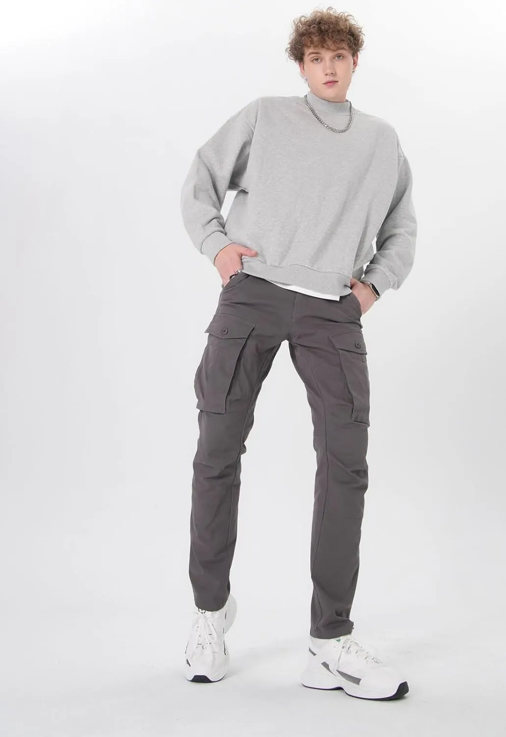 Plaid&Plain Men's Cargo Pants Slim Fit with Articulated Knees