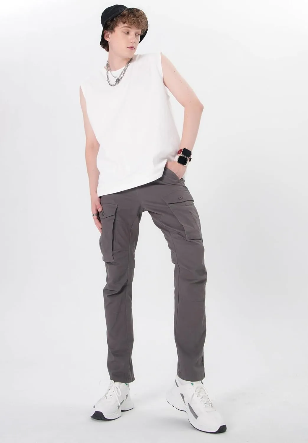Plaid&Plain Men's Cargo Pants Slim Fit with Articulated Knees