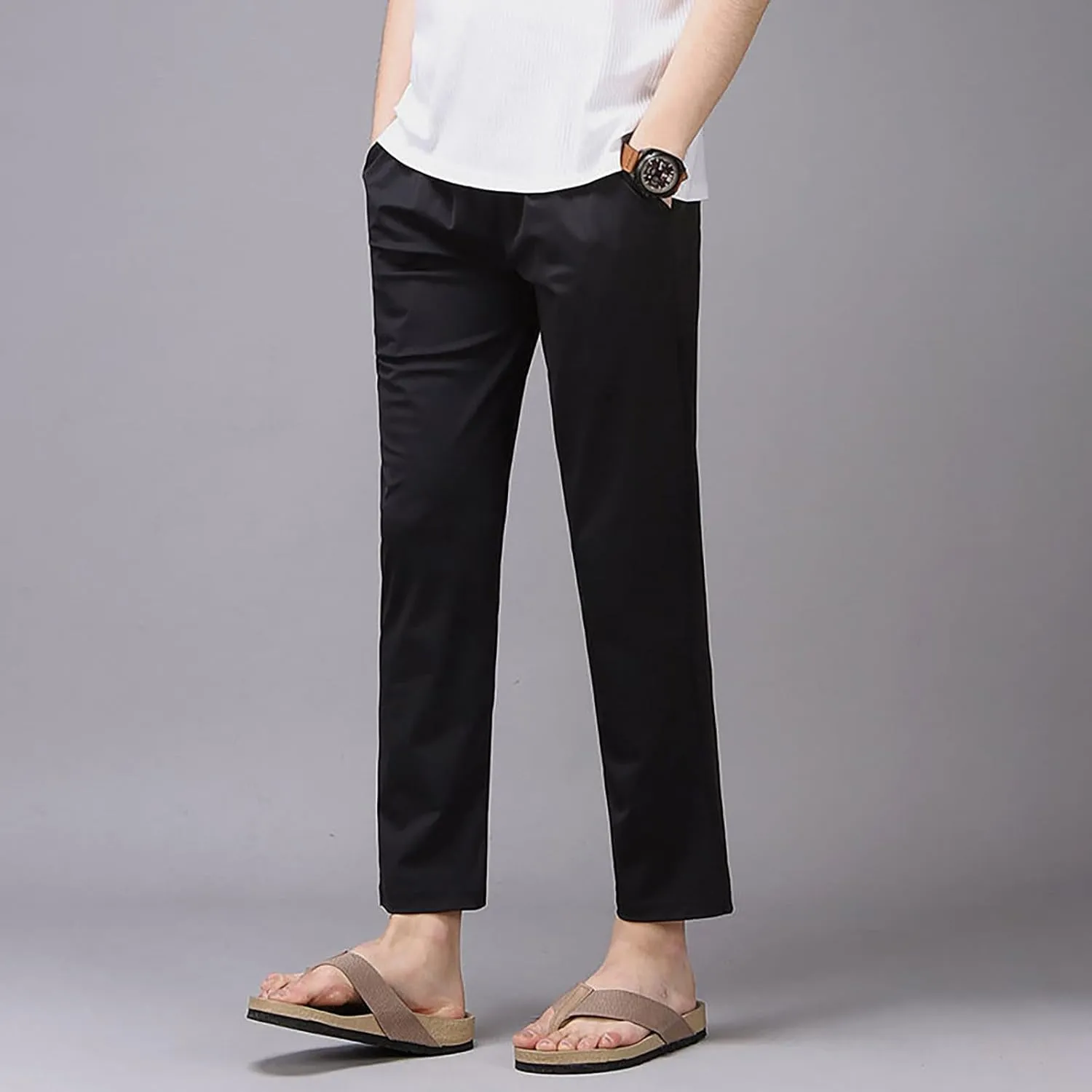 Plain Casual Pants for Men Straight Leg Drawstring Waist Trousers Summer Outdoor Lightweight Slacks with Pockets
