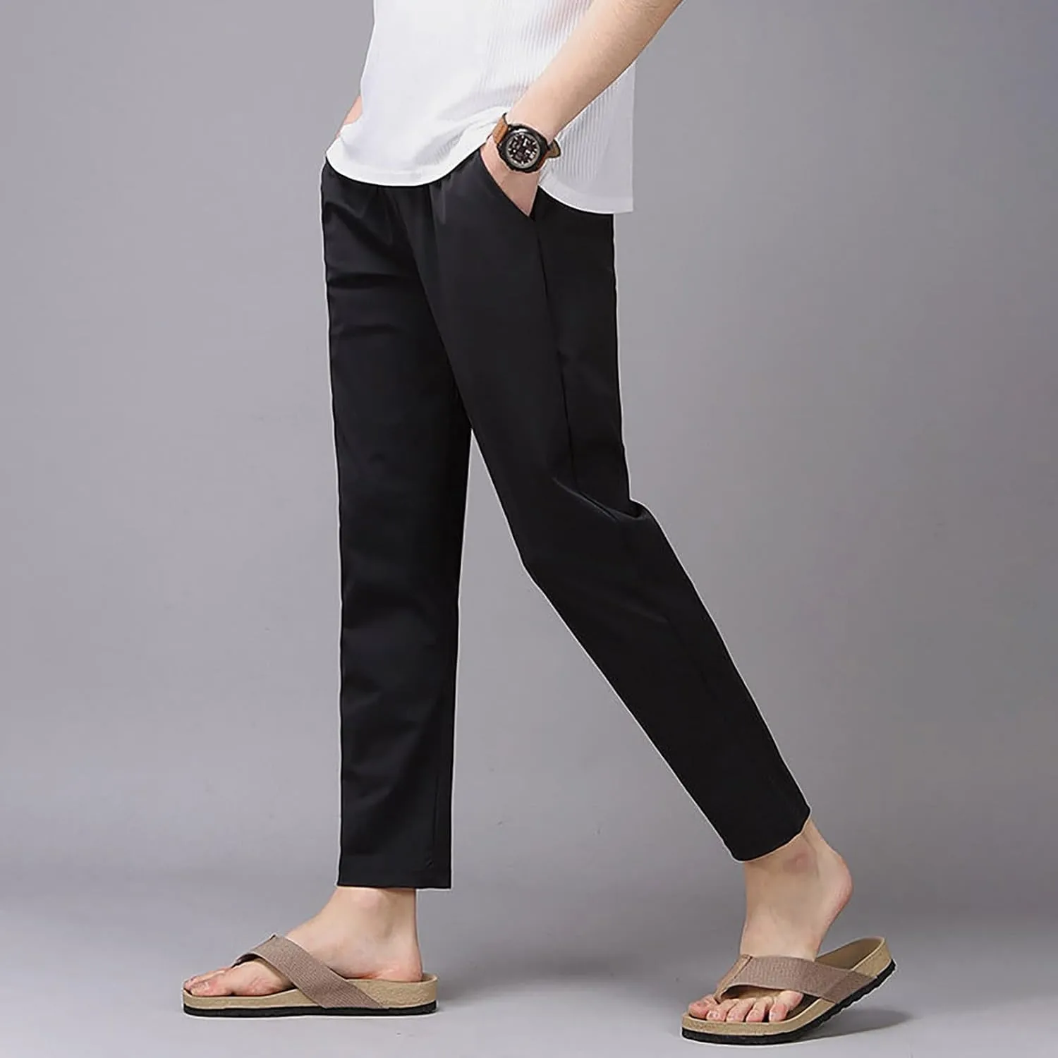 Plain Casual Pants for Men Straight Leg Drawstring Waist Trousers Summer Outdoor Lightweight Slacks with Pockets