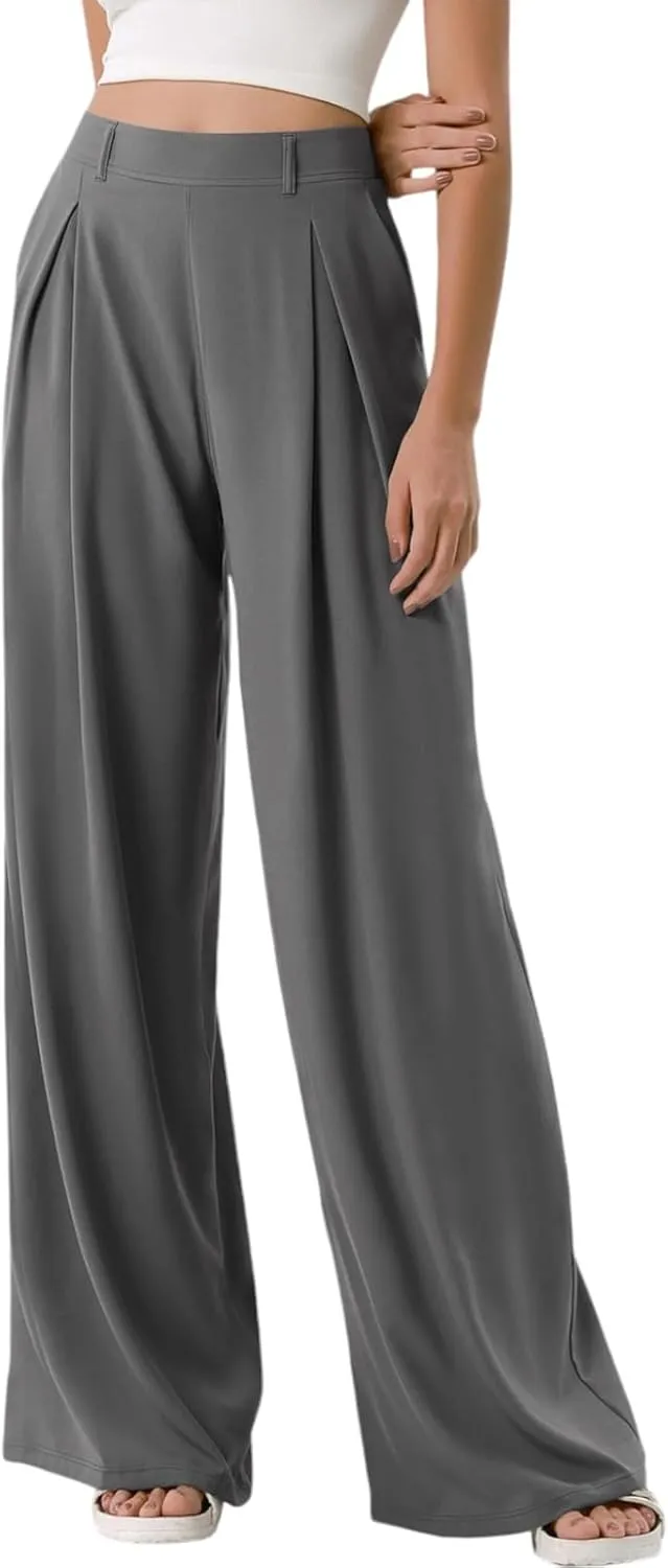 Plus Size Wide Leg Pants for Women Dressy Business Casual Stretchy Work Pants Flowy Palazzo Pants with Pockets