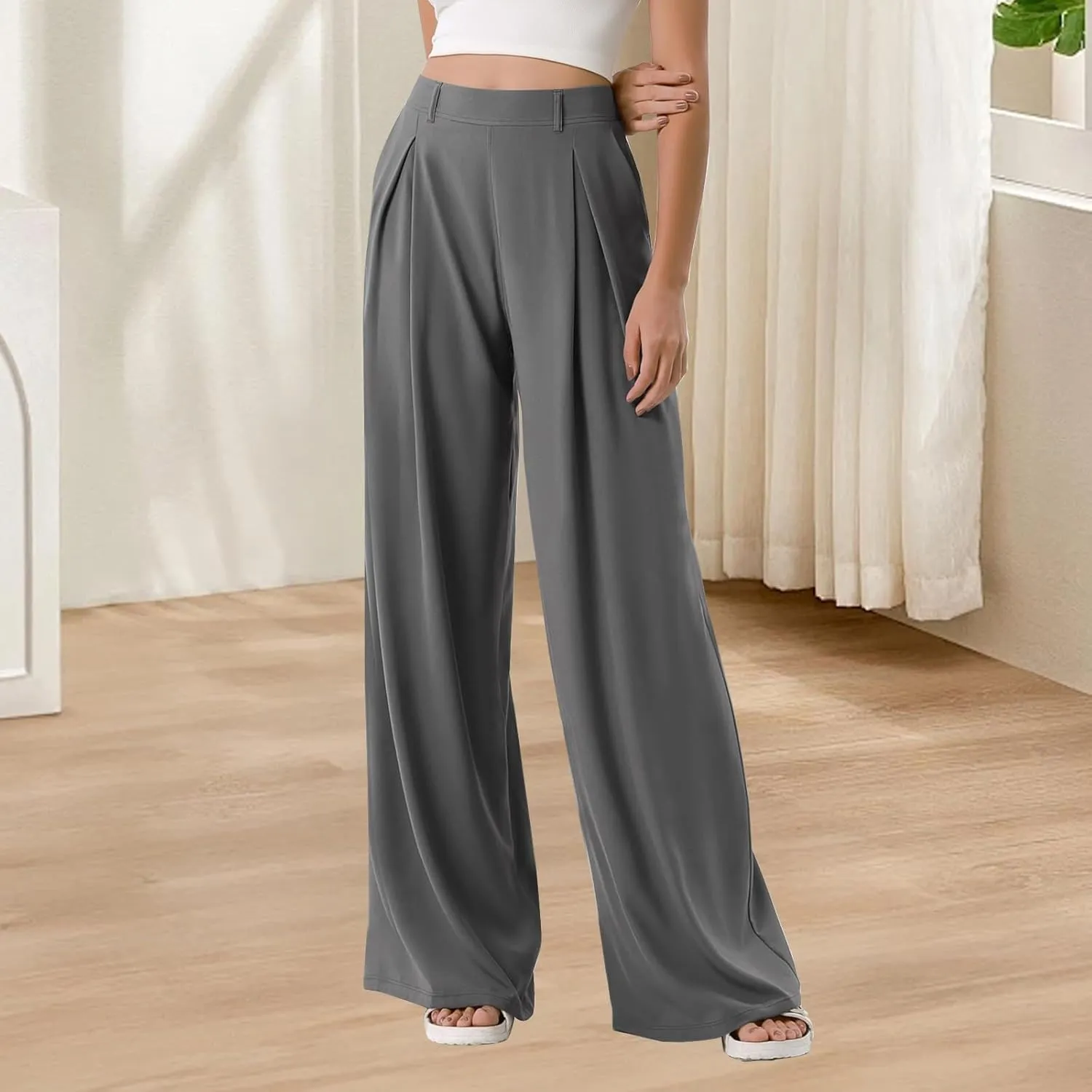 Plus Size Wide Leg Pants for Women Dressy Business Casual Stretchy Work Pants Flowy Palazzo Pants with Pockets