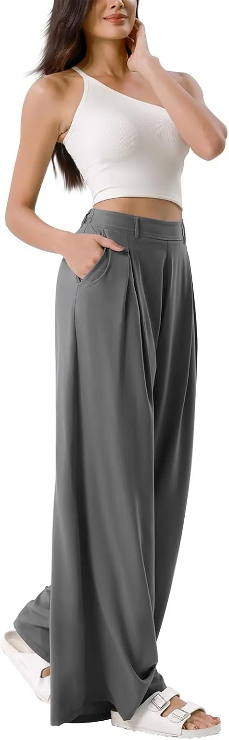 Plus Size Wide Leg Pants for Women Dressy Business Casual Stretchy Work Pants Flowy Palazzo Pants with Pockets