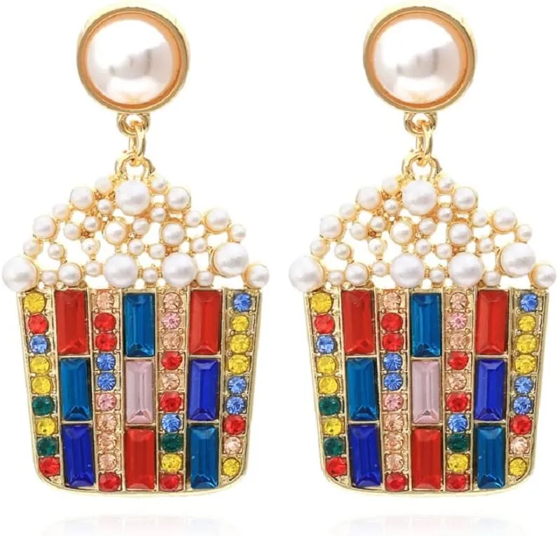 Popcorn Earrings for Women, Cute Food Snack Popcorn Earrings for Womens, Pearl Popcorn Dangle Earring Hypoallergenic, Beaded Pearls Popcorn Drop Earring