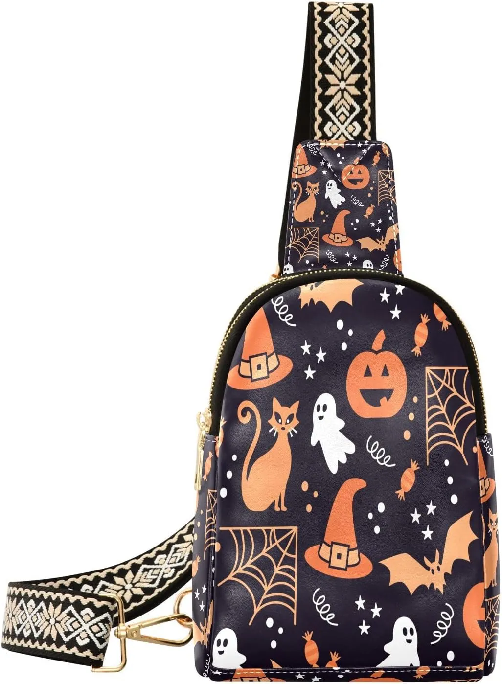 Pumpkin Ghost Cute Fanny Pack Crossbody PC Leather Small Sling Bag for Women Halloween Party Orange Fashion Waist Packs Chest Bag for Travel Sports Running Hiking