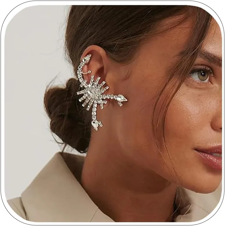 Punk Rhinestone Scorpion Ear Cuff Wrap Earrings Piercing Ear Crawler Halloween Crystal Silver Earrings for Women