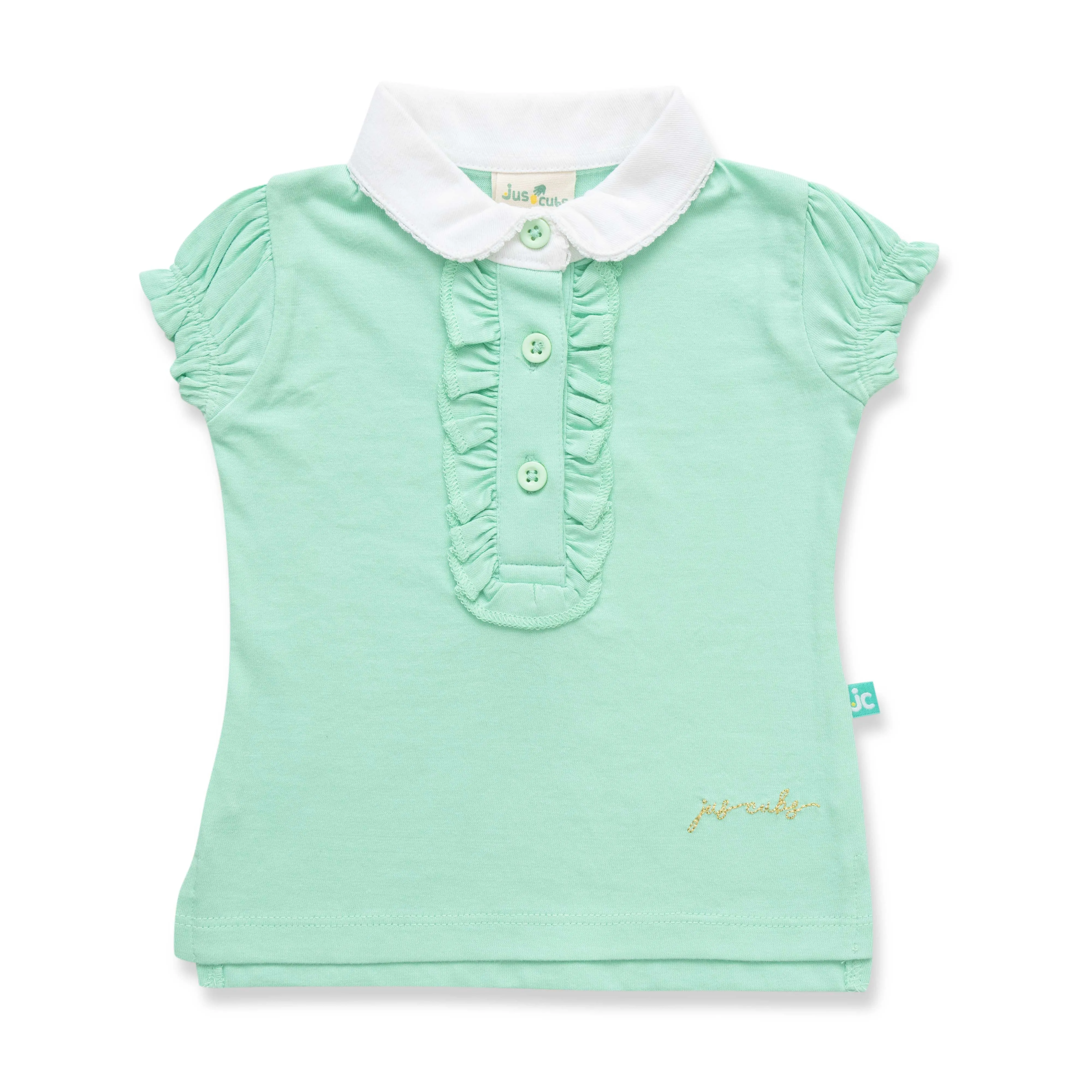 "Girls' Mint Green Polo T-Shirt with Ruffled Button Placket & White Collar"