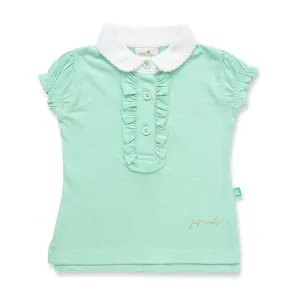 "Girls' Mint Green Polo T-Shirt with Ruffled Button Placket & White Collar"