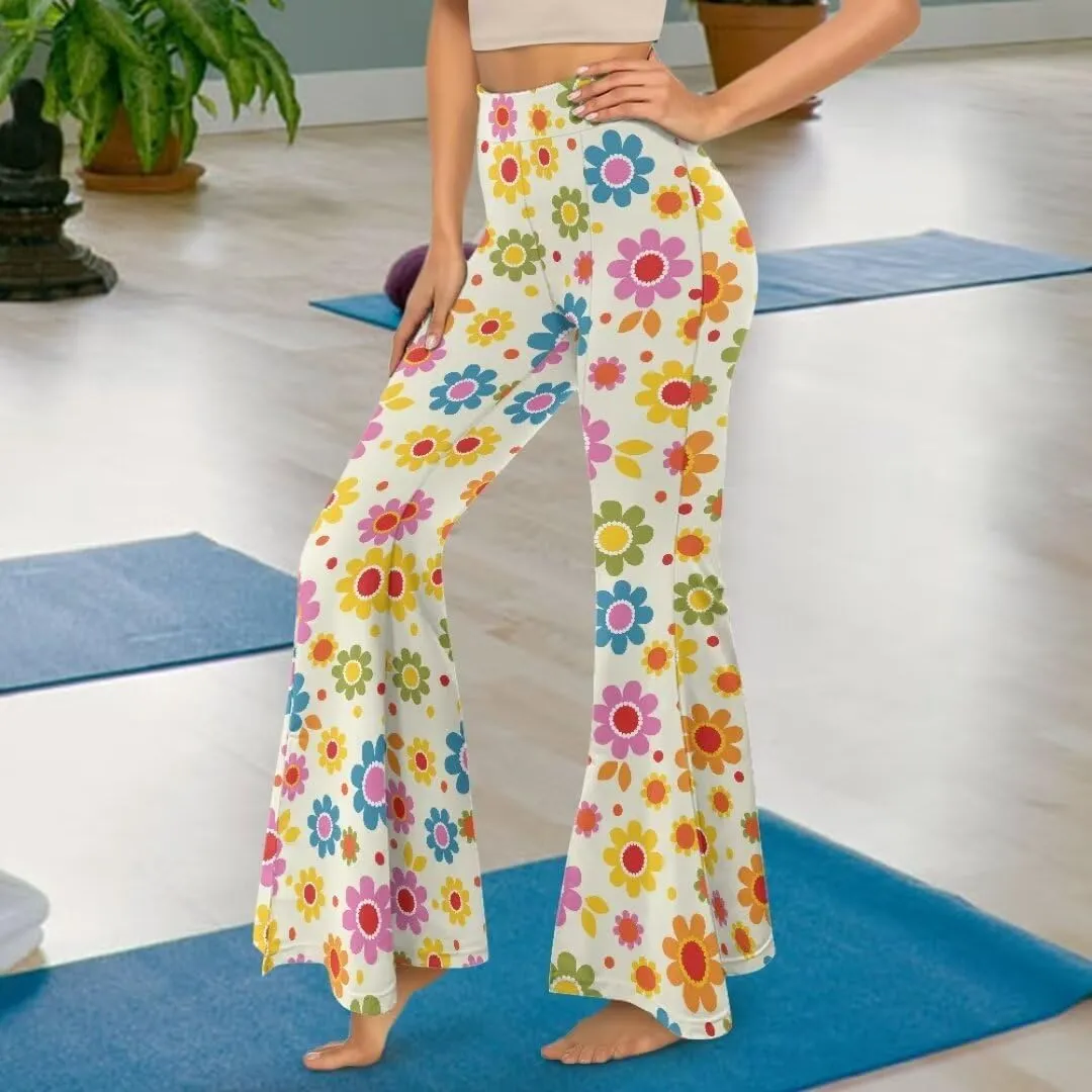 Retro Floral Women's High Waisted Slit Flared Leggings Tummy Control Yoga Pants Bell Bottom Trousers Plus Size Pants