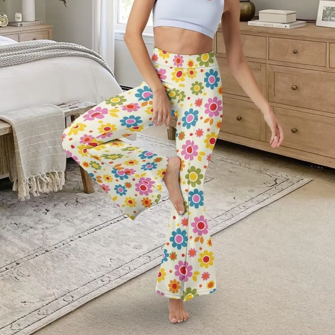 Retro Floral Women's High Waisted Slit Flared Leggings Tummy Control Yoga Pants Bell Bottom Trousers Plus Size Pants