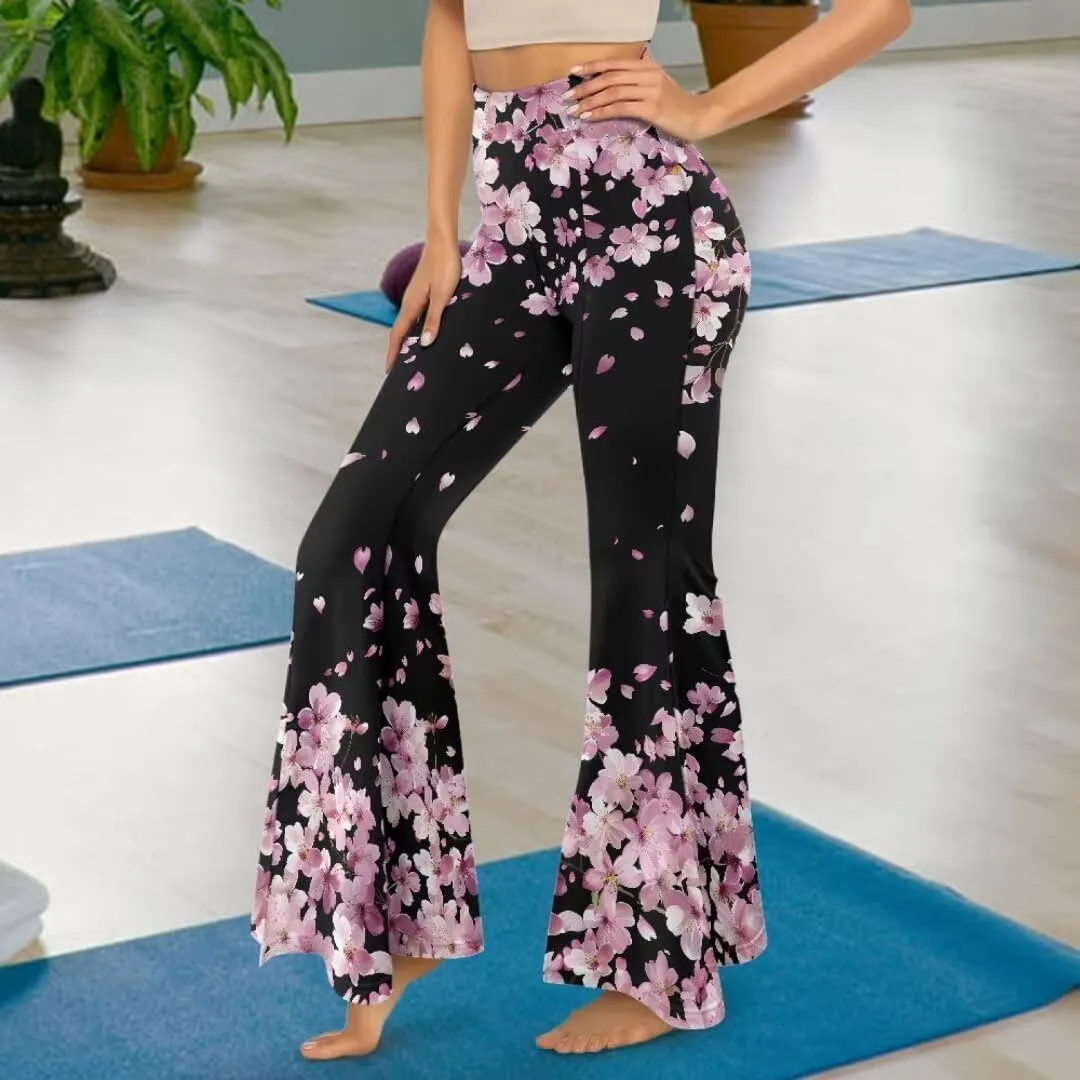 Retro Floral Women's High Waisted Slit Flared Leggings Tummy Control Yoga Pants Bell Bottom Trousers Plus Size Pants