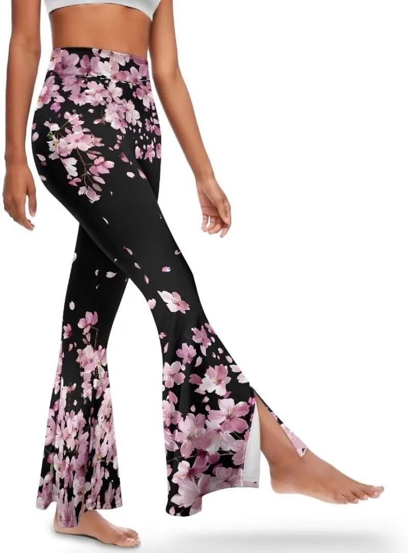 Retro Floral Women's High Waisted Slit Flared Leggings Tummy Control Yoga Pants Bell Bottom Trousers Plus Size Pants