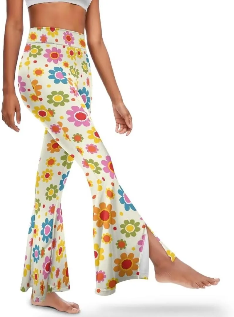 Retro Floral Women's High Waisted Slit Flared Leggings Tummy Control Yoga Pants Bell Bottom Trousers Plus Size Pants