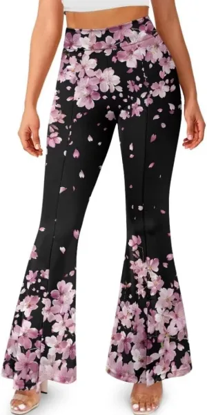 Retro Floral Women's High Waisted Slit Flared Leggings Tummy Control Yoga Pants Bell Bottom Trousers Plus Size Pants