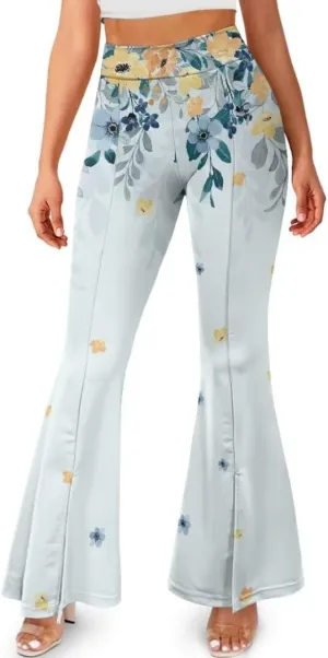 Retro Floral Women's High Waisted Slit Flared Leggings Tummy Control Yoga Pants Bell Bottom Trousers Plus Size Pants
