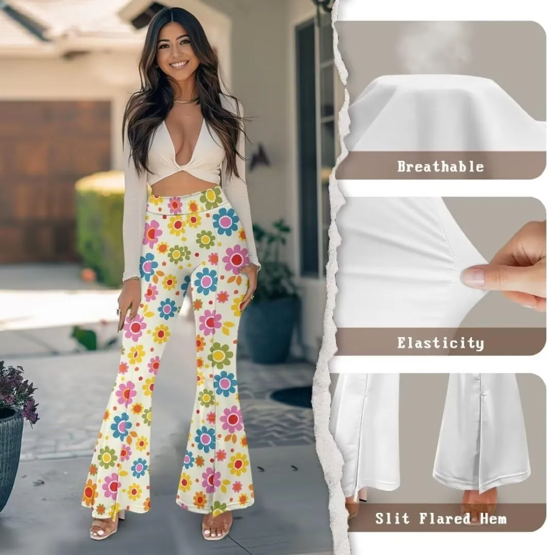 Retro Floral Women's High Waisted Slit Flared Leggings Tummy Control Yoga Pants Bell Bottom Trousers Plus Size Pants