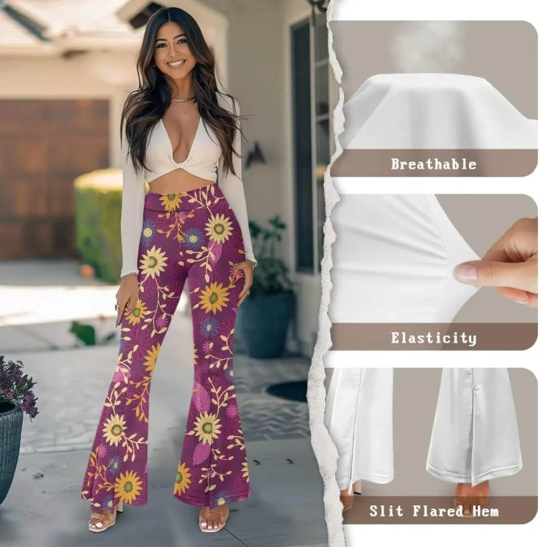 Retro Floral Women's High Waisted Slit Flared Leggings Tummy Control Yoga Pants Bell Bottom Trousers Plus Size Pants