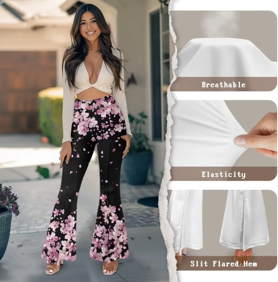 Retro Floral Women's High Waisted Slit Flared Leggings Tummy Control Yoga Pants Bell Bottom Trousers Plus Size Pants