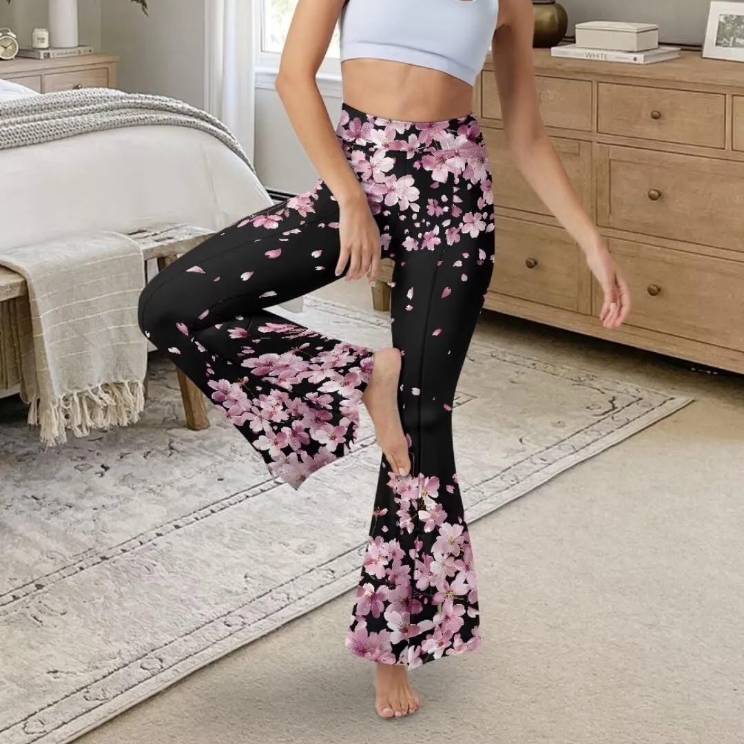 Retro Floral Women's High Waisted Slit Flared Leggings Tummy Control Yoga Pants Bell Bottom Trousers Plus Size Pants