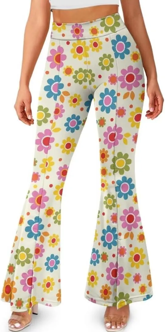 Retro Floral Women's High Waisted Slit Flared Leggings Tummy Control Yoga Pants Bell Bottom Trousers Plus Size Pants