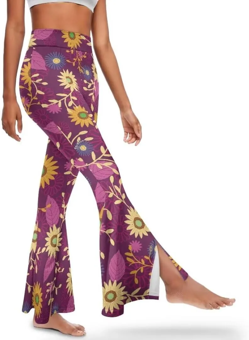 Retro Floral Women's High Waisted Slit Flared Leggings Tummy Control Yoga Pants Bell Bottom Trousers Plus Size Pants