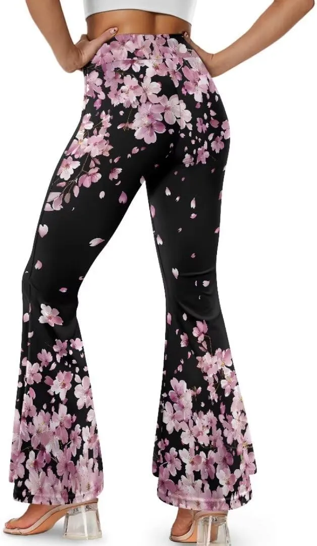 Retro Floral Women's High Waisted Slit Flared Leggings Tummy Control Yoga Pants Bell Bottom Trousers Plus Size Pants