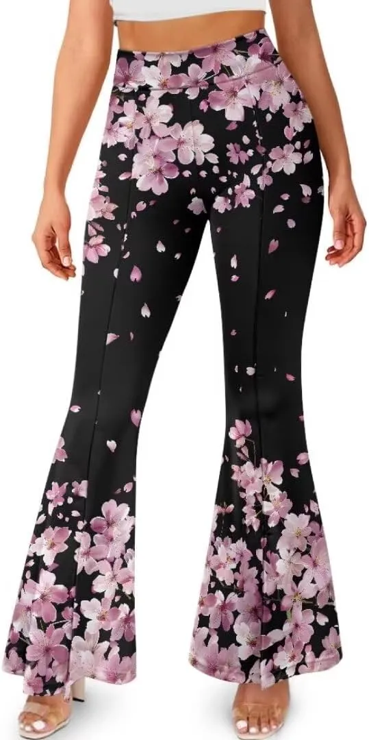 Retro Floral Women's High Waisted Slit Flared Leggings Tummy Control Yoga Pants Bell Bottom Trousers Plus Size Pants