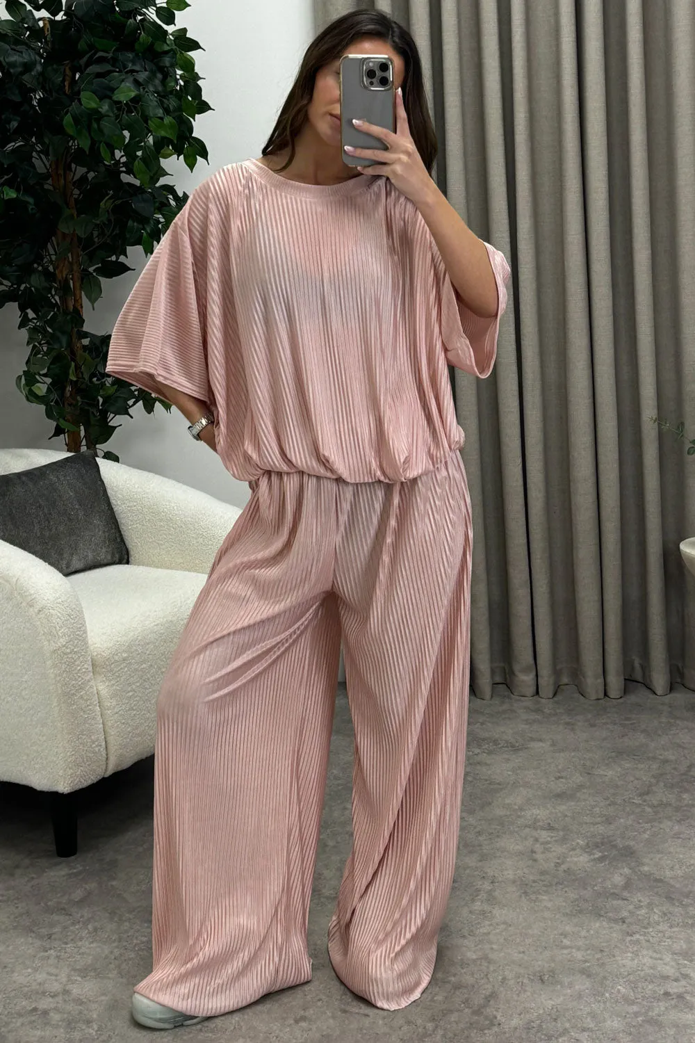 Rosalia Rose Plisse Oversized Top and Wide Leg Trousers Co-Ord Set