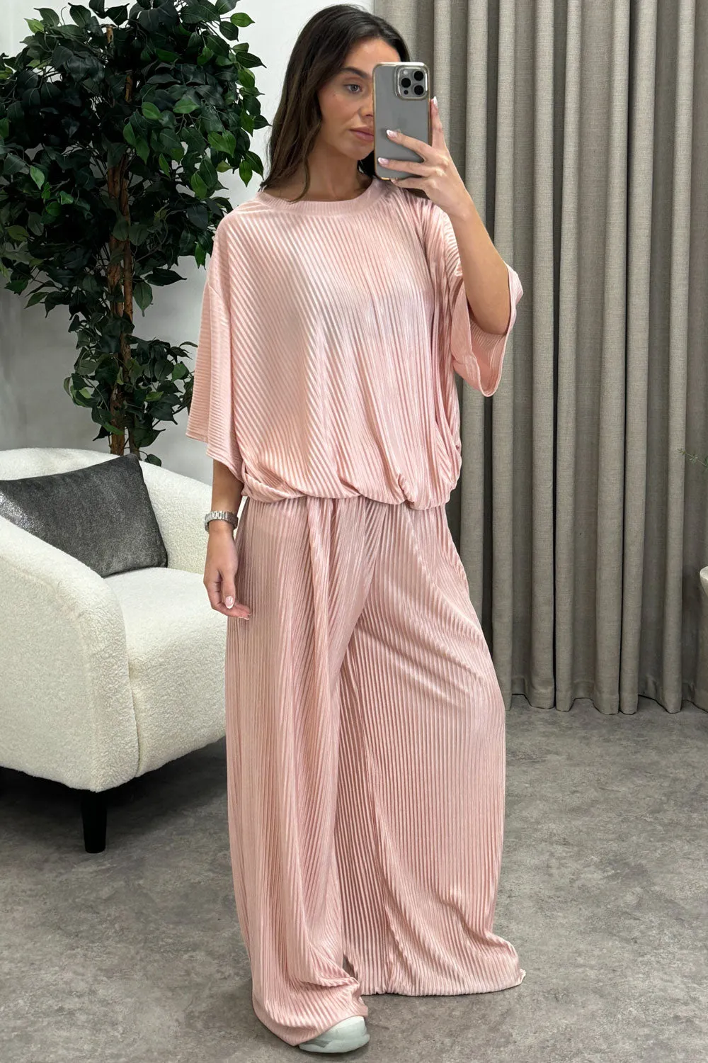 Rosalia Rose Plisse Oversized Top and Wide Leg Trousers Co-Ord Set