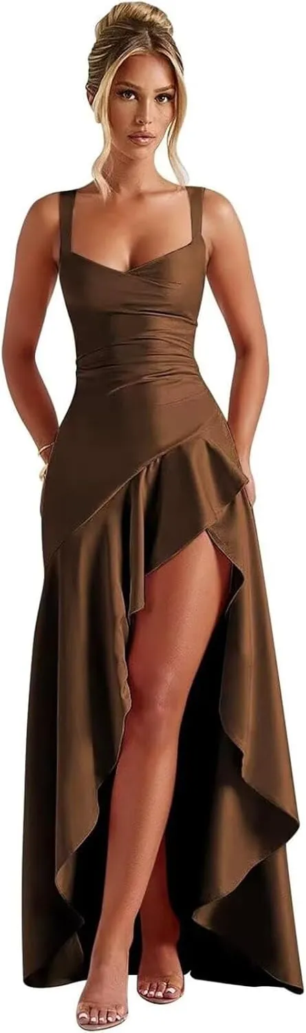 Ruffles Prom Dresses 2025 Satin High Low Satin Bridesmaid Dresses for Women IMC069