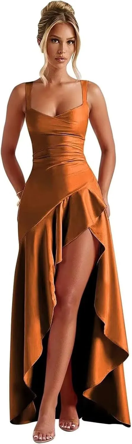 Ruffles Prom Dresses 2025 Satin High Low Satin Bridesmaid Dresses for Women IMC069